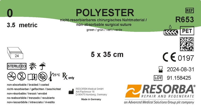 Поліестер USP 0 зелений, у відрізках 5шт*35см